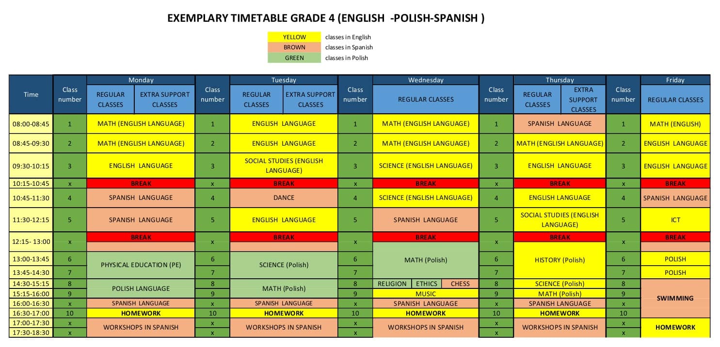 Exemplary class schedules at international primary school in Warsaw ITSW